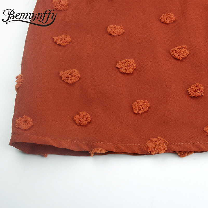 V-neck Button Front Swiss Dot Chiffon Dress Women Spring Summer 3/4 Sleeve Elegant Office Lady Midi with Belt 210510