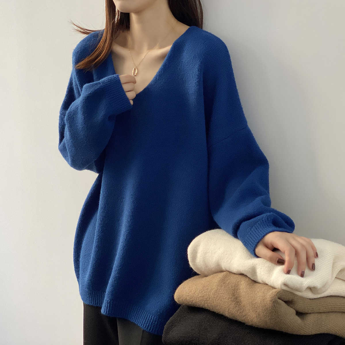 Solid Color Sweater Women's Autumn Korean-Style Loose V-neck Pullover Bottoming Knitted Shirt Women Gb025 210607, Black
Solid Color Sweater Women's Autumn Korean-Style Loose V-neck Pullover Bottoming Knitted Shirt Women Gb025 210607, Black