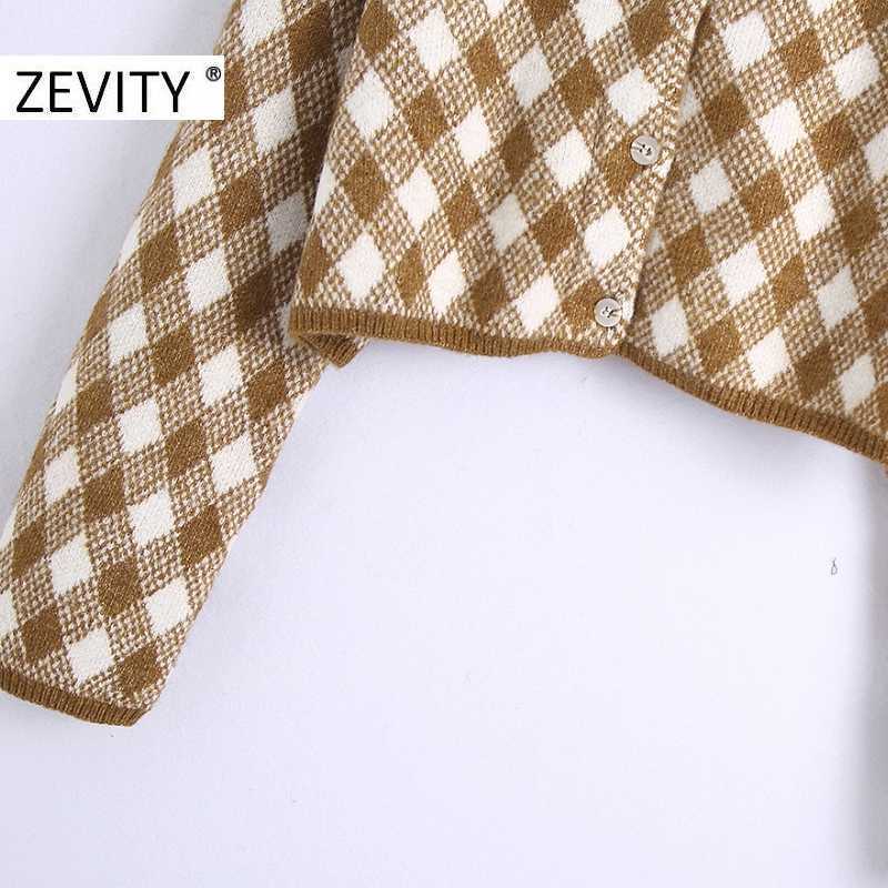 Zevity Women Fashion O Neck Geometric Print Short Knitting Sweater Lady Long Sleeve Breasted Chic Casual Cardigans Tops S455 210603