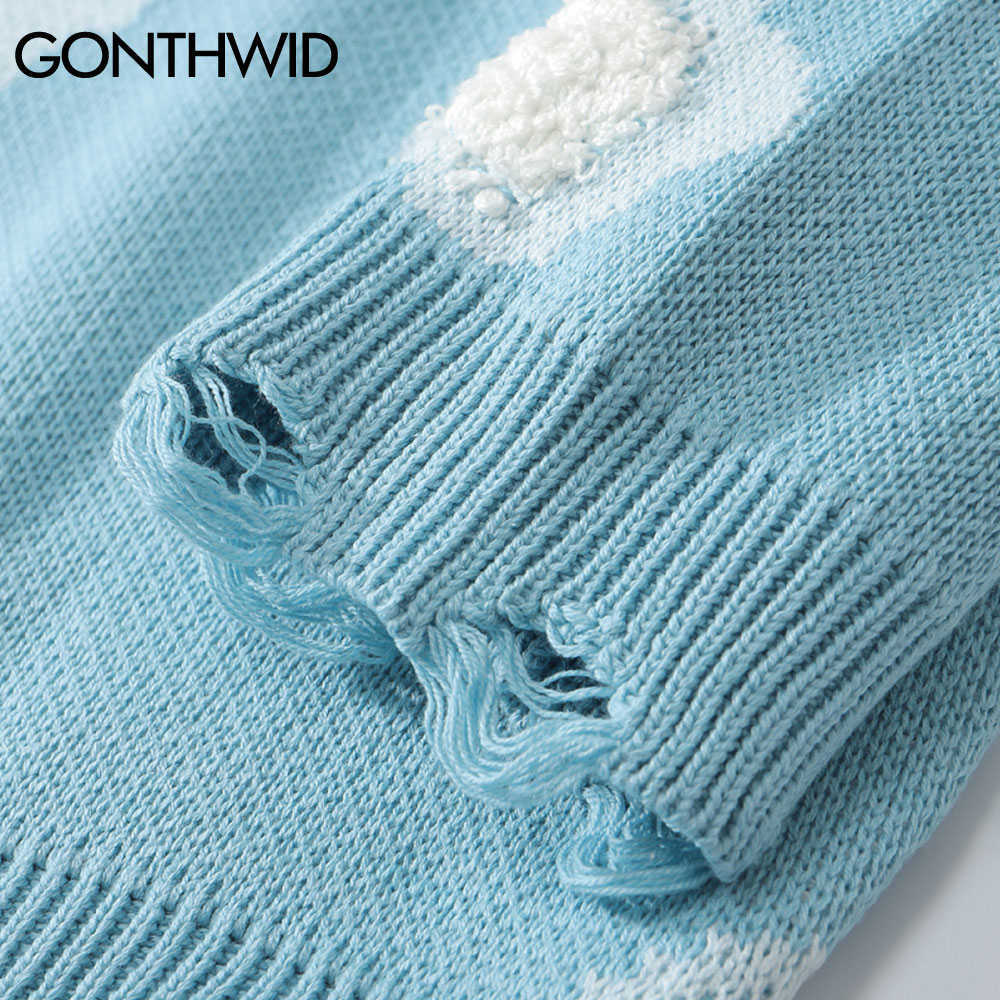 GONTHWID Knitwear Sweater Women Harajuku Hip Hop Streetwear Knitted Cloud Ripped Holes Casual Kawaii Loose Pullover Jumpers Tops 211008