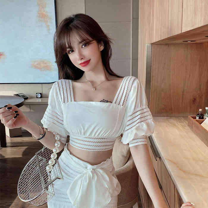 Summer 2pcs Set Women Boho Elegant Square Collar Puff Sleeve Sexy Crop Top + High Waist Bodycon Bowknot Mermaid Skirt Suit 210519