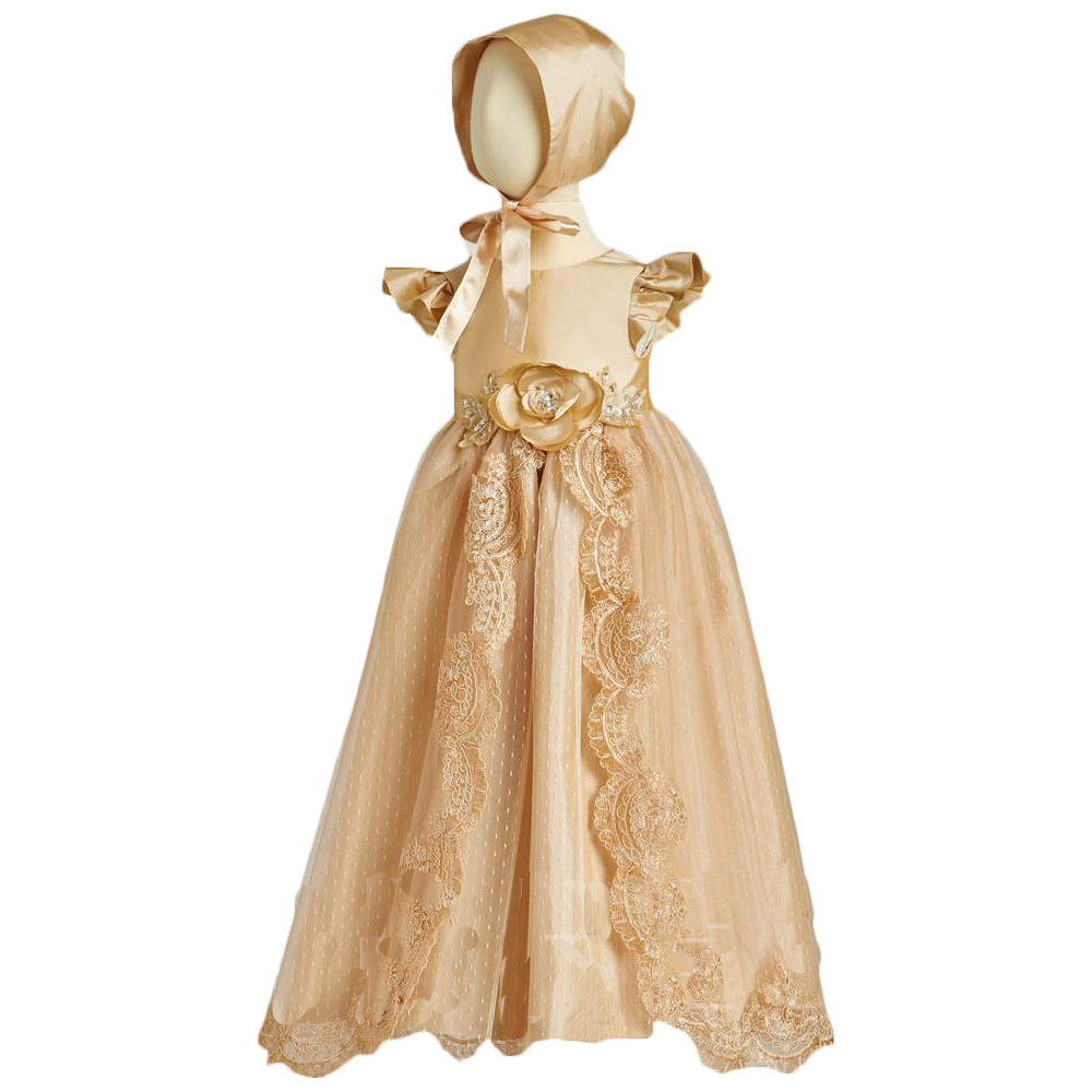First Communion Dresses Short Sleeve Christening Dress For Baby 3D Flowers Lace Appliqued Beads Baptism Gown With Bonnet
