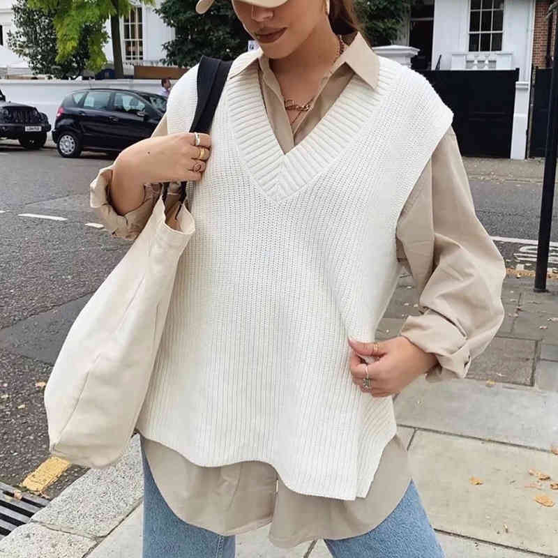 Solid Casual V Neck Knitted Sweater Vest Women Side Split Sleeveless Pullover Tops Autumn Winter Ladies Waistcoat 210415