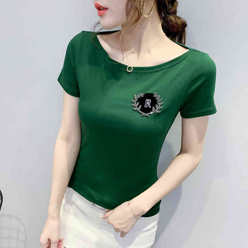 

Women's T-Shirt Summer Korean Clothes Fashion Slash Neck Diamonds Women Tops Short Sleeve Cotton Slim All Match Tees 2021 T04001 8, White tshirt