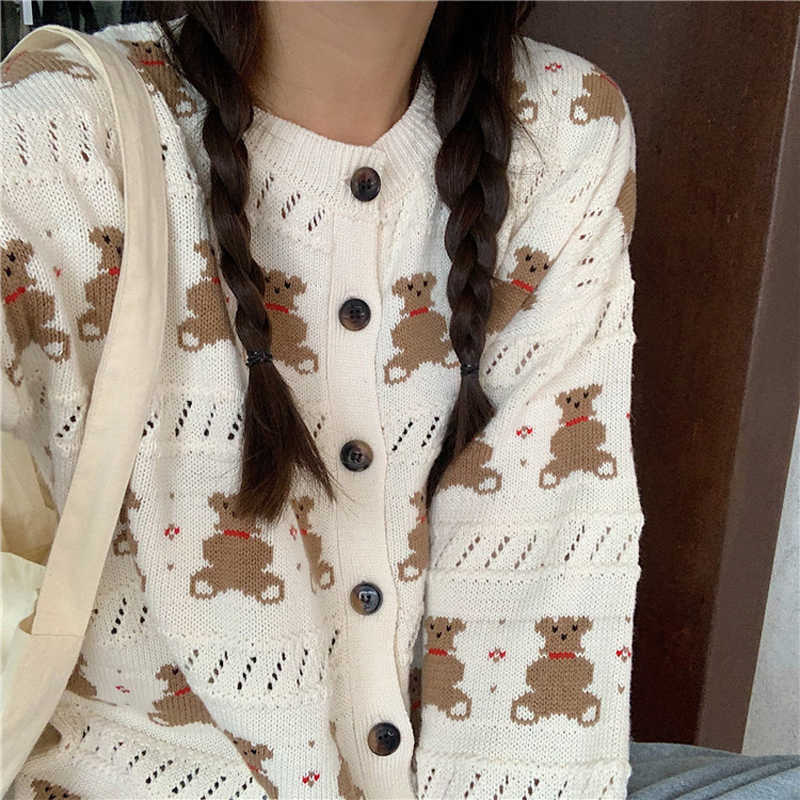 PERHAPS U Women Short Thin Sweater Knitted O Neck Crew Cardigan Button Polka Beige Bear Cartoon Outwear Autumn M0144 210812