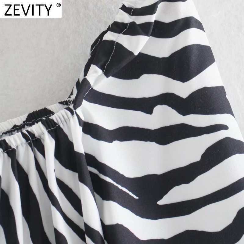 Zevity Women Vintage Zebra Striped Print Short Smock Blouse Female Pleats Long Sleeve Side Zipper Shirt Chic Blusas Tops LS9233 210603