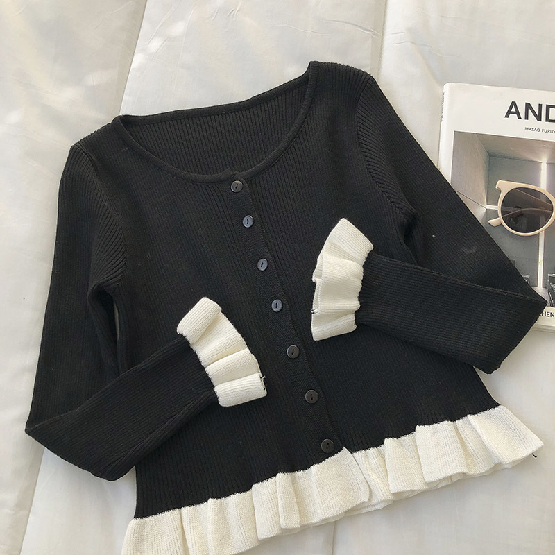 Kimutomo Casual Patchwork Fungus Thin Cardigans Women French Style Spring Female O-neck Single Breasted Short Top 210521