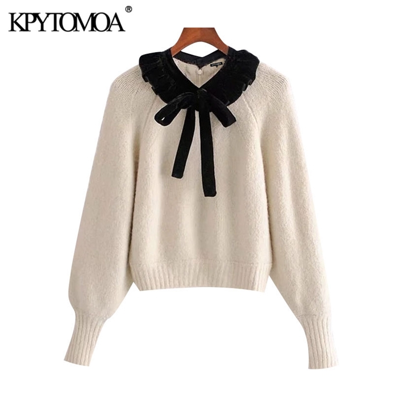 Women Sweet Fashion Patchwork Ruffle Knitted Sweater Bow Tied Lantern Sleeve Female Pullovers Chic Tops 210420