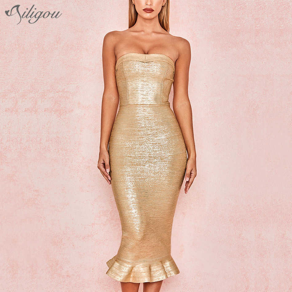 Summer Women'S Bandage Bodycon Dress Rayon Sexy Golden Strapless Fishtail Celebrity Party Vestidos 210527, Gold
Summer Women'S Bandage Bodycon Dress Rayon Sexy Golden Strapless Fishtail Celebrity Party Vestidos 210527, Gold