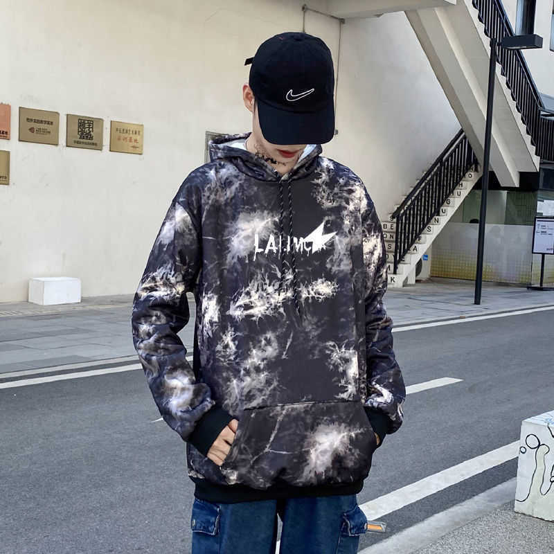 Autumn winter tie-dye men hooded oversize pullover top couple clothes plus velvet Unisex Streetwear korean style Casual hoodies 211014