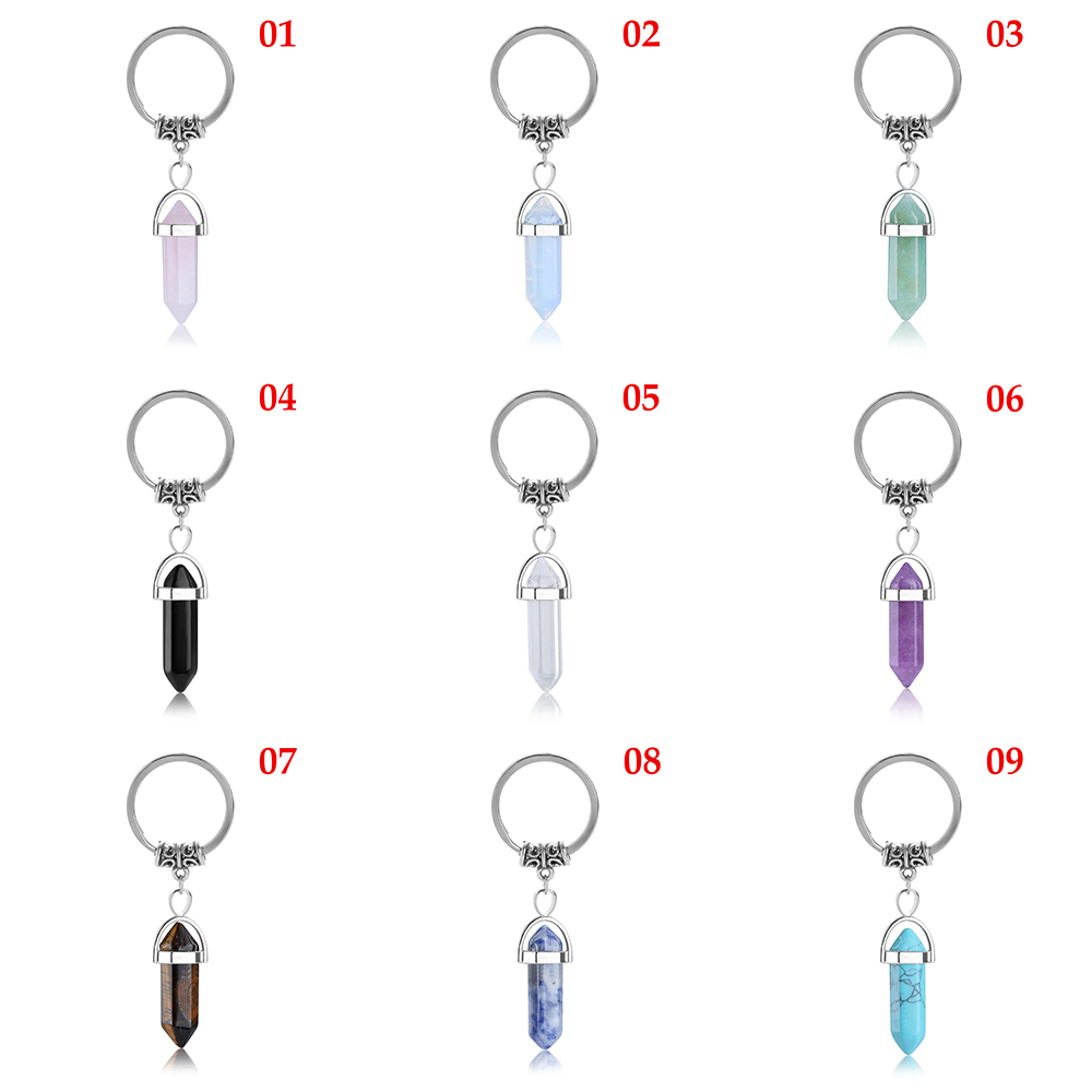 Natural Stone hexagonal prism Keychains Silver Color Healing Pink Crystal Car Decor key rings Keyholder for Women Men