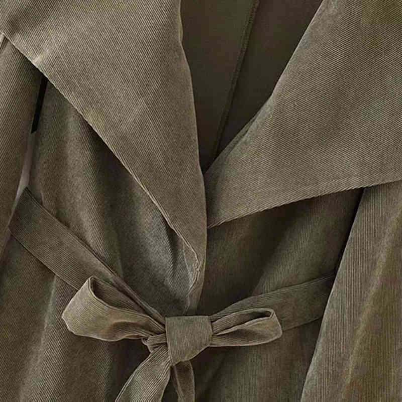 Women Green Fashion Corduroy Big Collar Loose Jacket Chic Long Sleeve With Blet Outwear Jackets chaqueta mujer 210421