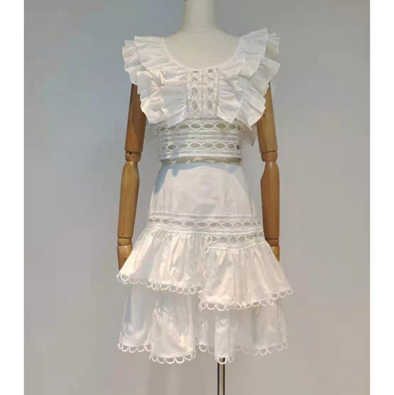 DEAT summer fashion women clothes ruffles sleeveless hollow out top and high waist mini skirt two pieces set WR52201L 210428