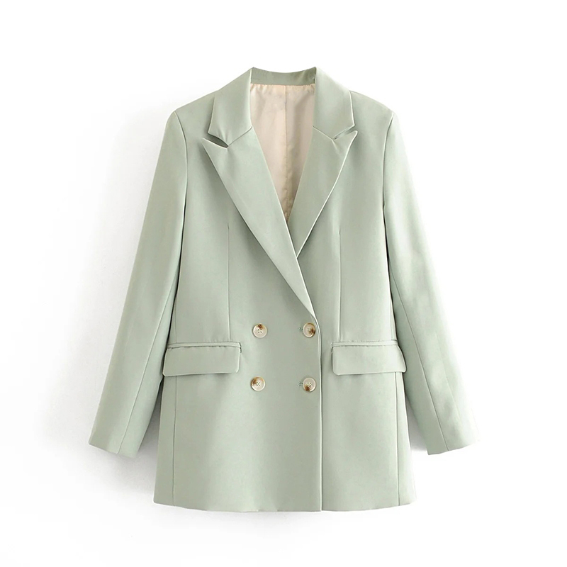 Casual Double Breasted Office Wear Blazer Women Notched Neck Long Sleeve Coat Outerwear Pockets Solid Jacket Lady 210414