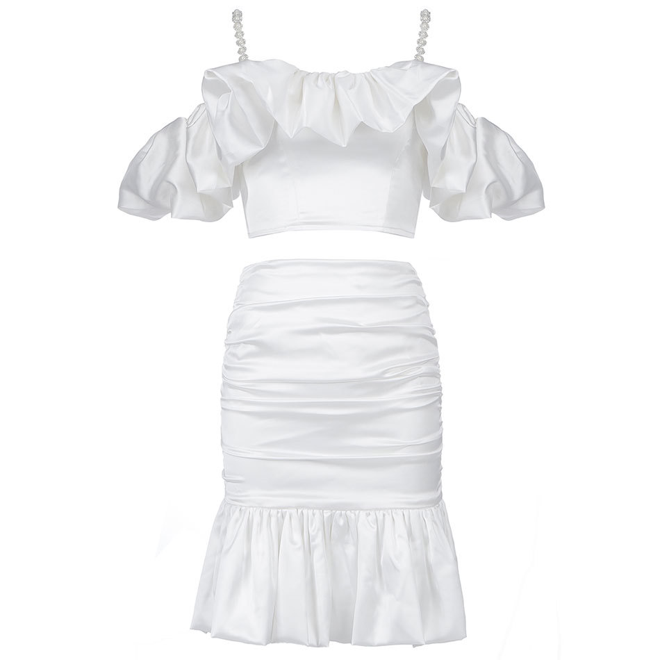 Free Women's White Dress Set Sexy Off Beaded Strap Crop Top & Ruffled Mini Skirt Party Two-piece 210524