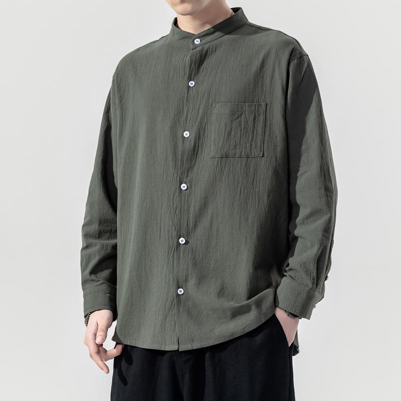 Fashion Cotton Linen Stand-up Collar Shirt For Men Autumn Loose Thin Harajuku Long Sleeve Solid Color Plus Size Top Male Men's Casual Shirts