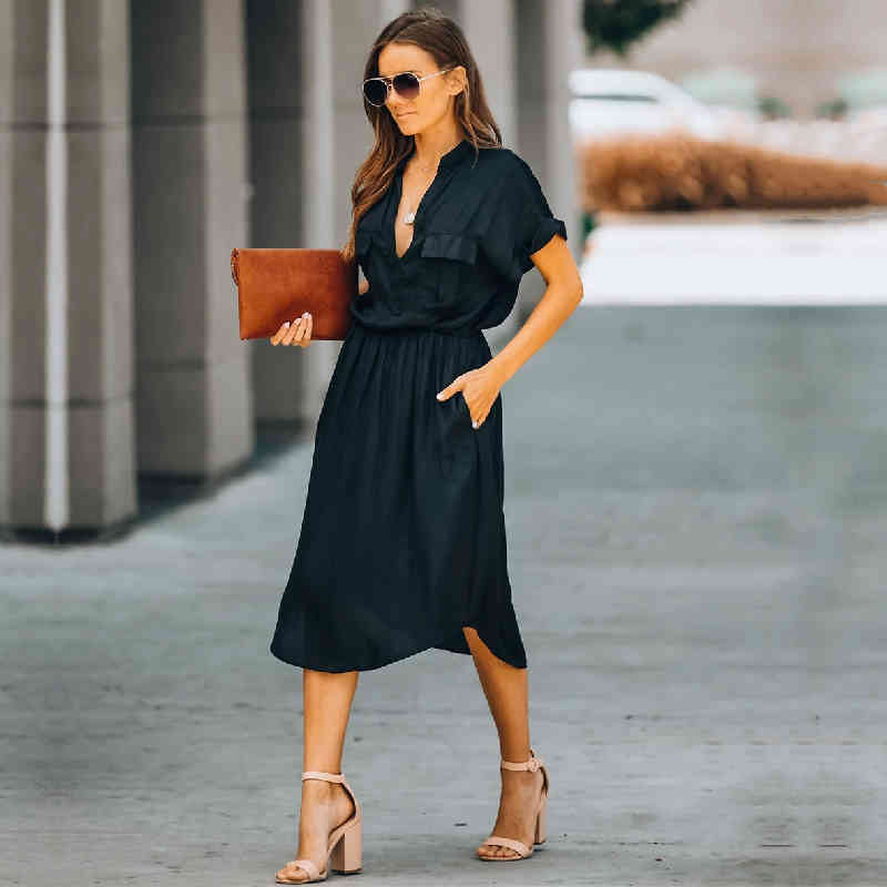 Casual Black Tunic Beach Cover Up Elegant V-neck High Waist Summer Dress Women wear Swimsuit Q1091 210420
