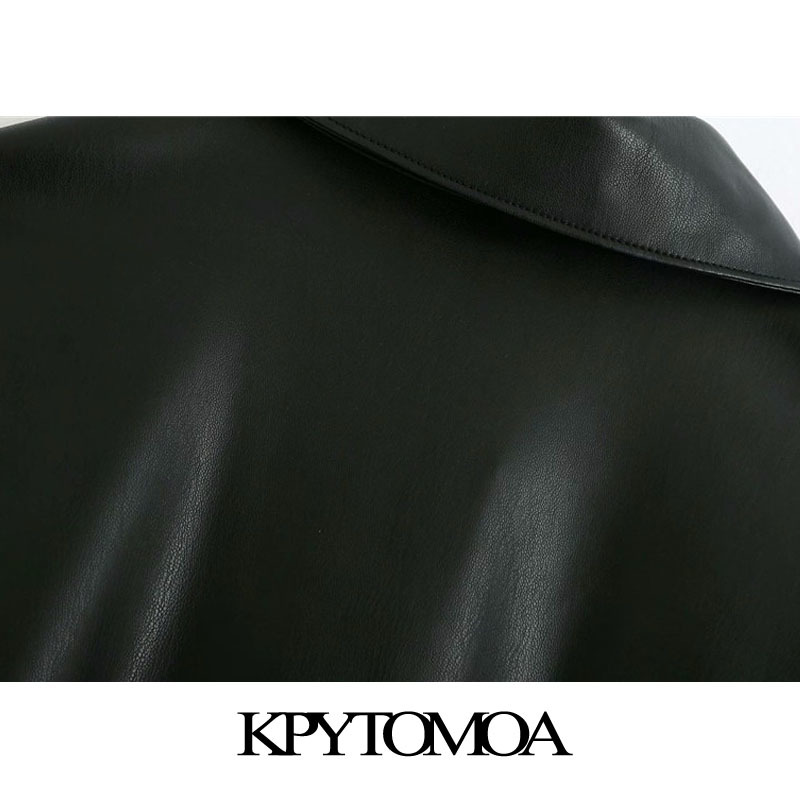 Women Fashion Pockets Oversized Faux Leather Jacket Coat Vintage Long Sleeve Side Vents Female Outerwear Chic Tops 210416