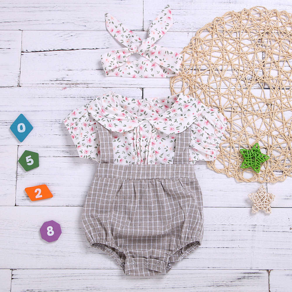 Ins children's summer girl's baby floral Short Sleeve Plaid Jumpsuit + headscarf, White
Ins children's summer girl's baby floral Short Sleeve Plaid Jumpsuit + headscarf, White