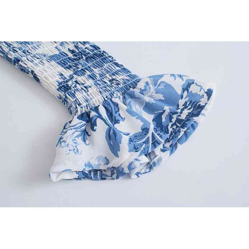 Retro Blue White Floral Print Mid Long Slit Dress Woman Vintage French Split Back Elastic Cuff Chiffon Dresses Holiday 210429