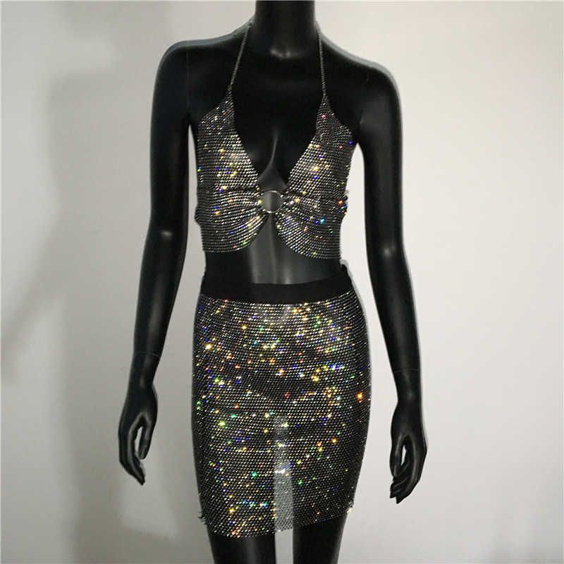 Sexy See Through Camis Halter Shiny Diamante Metal Round Ring Backless Low Cut Crop Top Party Night Club Camisole For Lady 210625