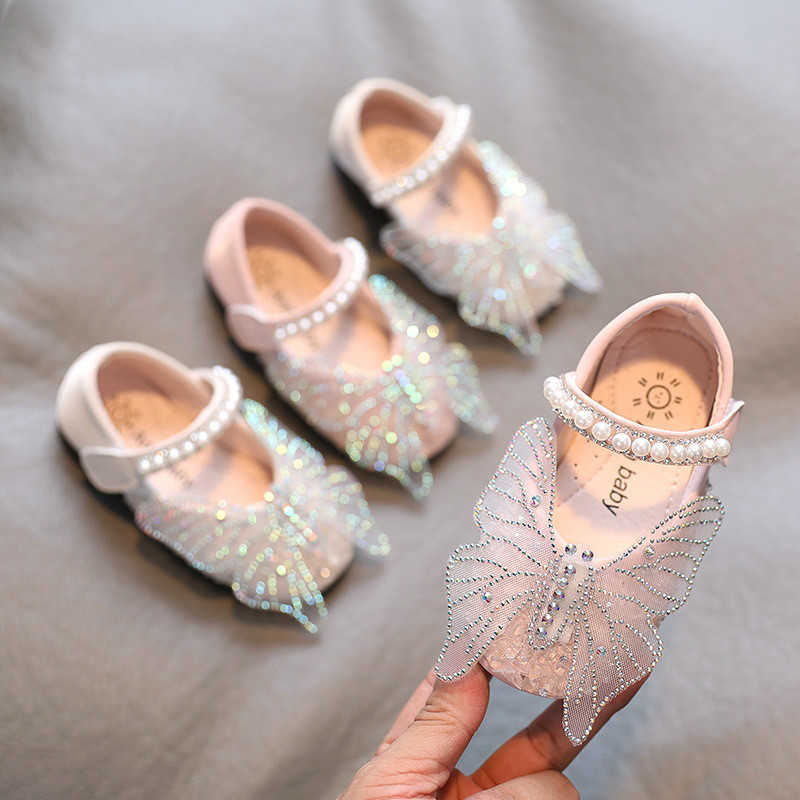 Toddlers Baby Girls Shoes Kids Leather Shoes For Wedding Party Performance Lace Butterfly Rhinestone Bling Pearls Beading X0703