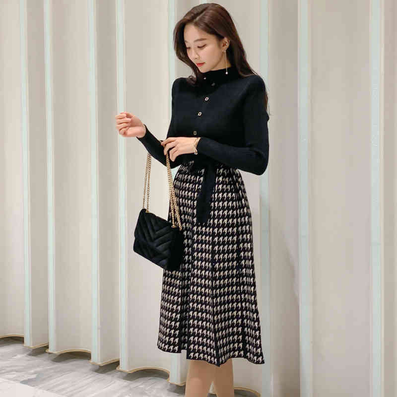 Women Autumn And Winter Vintage Elegant Houndstooth Print Knitted Patchwork Dresses Long Sleeve Belt Vestidos 210520