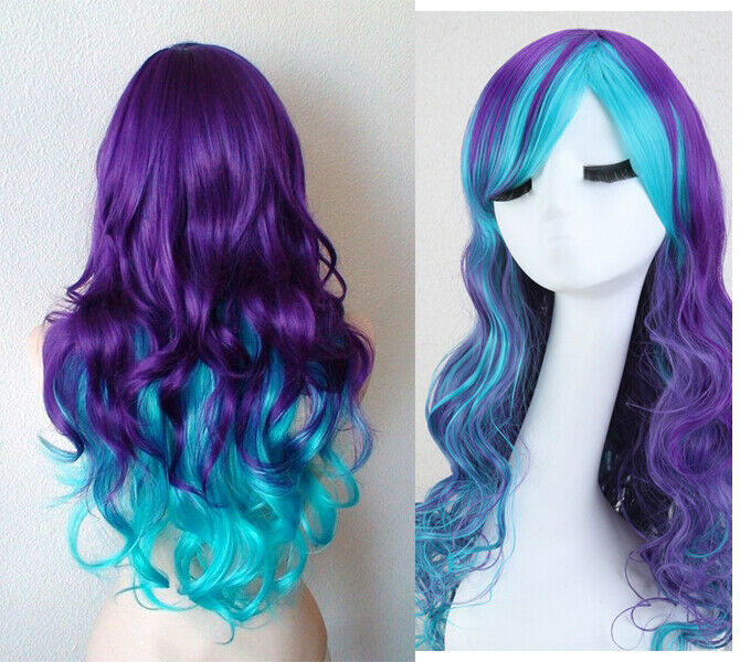Fashion Women Body Wave Hair With Bangs Colorful Color Blue Purple Synthenic Wigs