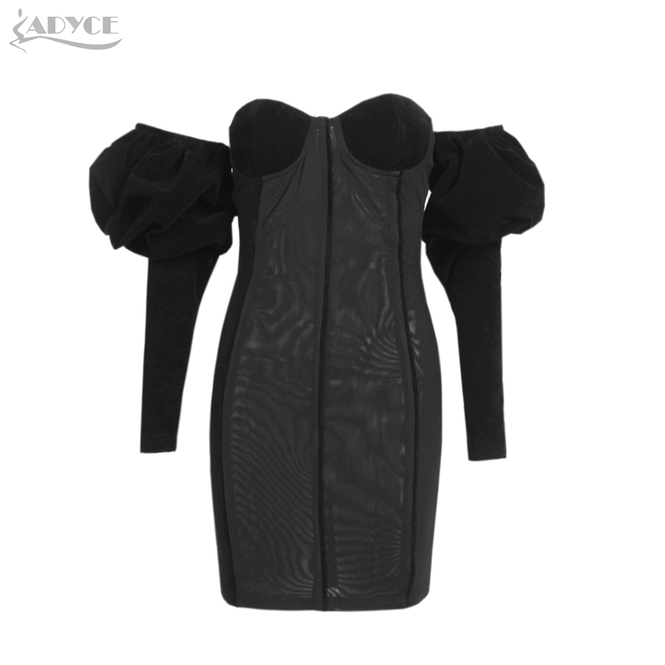 Summer Women Black Long Puff Sleeve Mini Bodycon Velvet Dress Sexy Off Shouler Club Celebrity Runway Party 210423