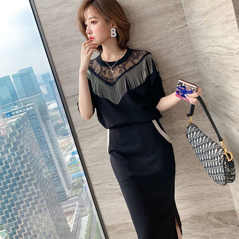 Summer Women's 2 PCS Set Fashion Tassel Lace Patchwork Shirt + Knee Pencil pocket Skirt OL Suits 210506
