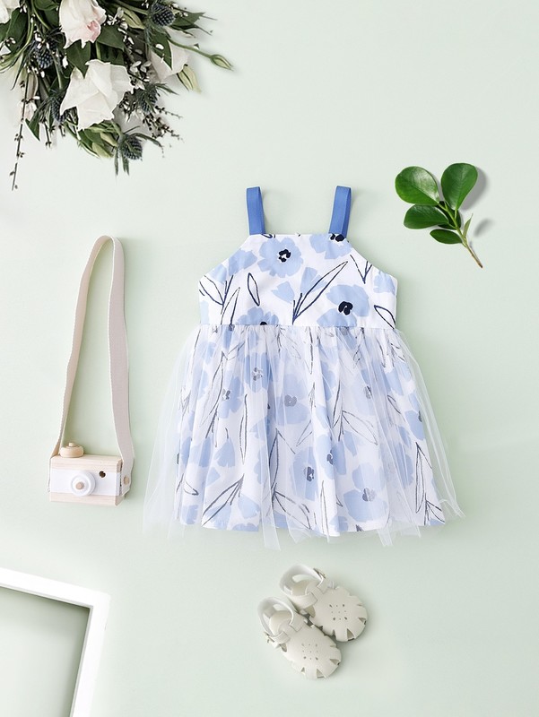 Toddler Girls Floral Contrast Mesh Cami Dress SHE