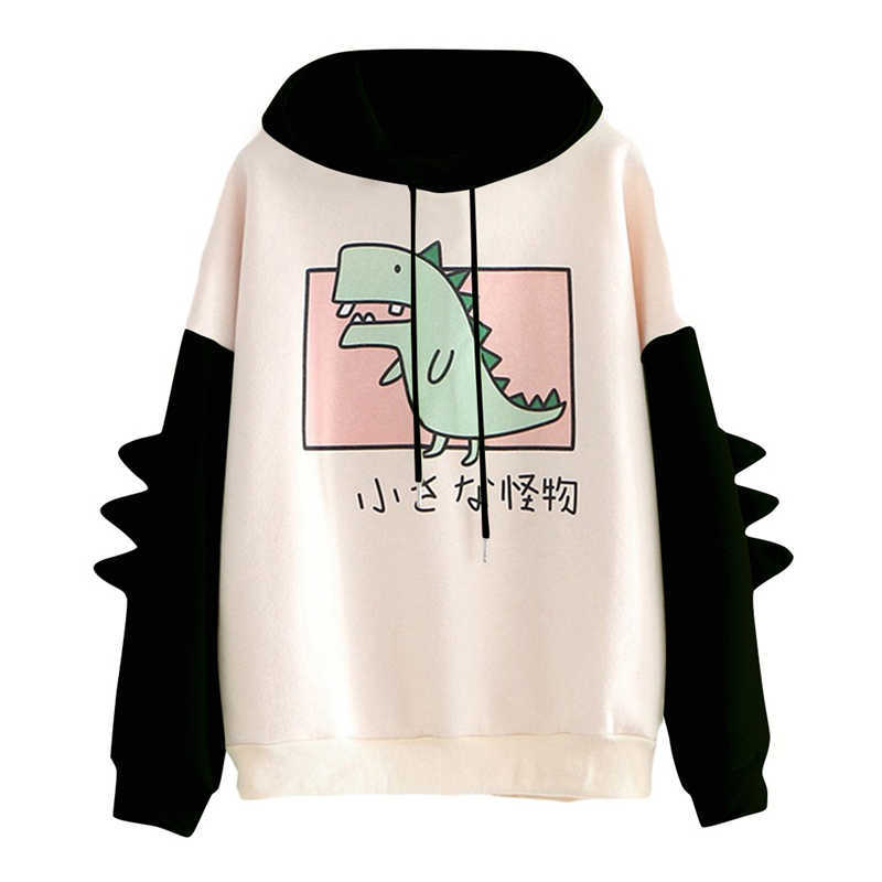 Fashion Women Sweatshirt Casual Print Long Sleeve Splice Dinosaur hoodies Sweatshirt Tops 211008