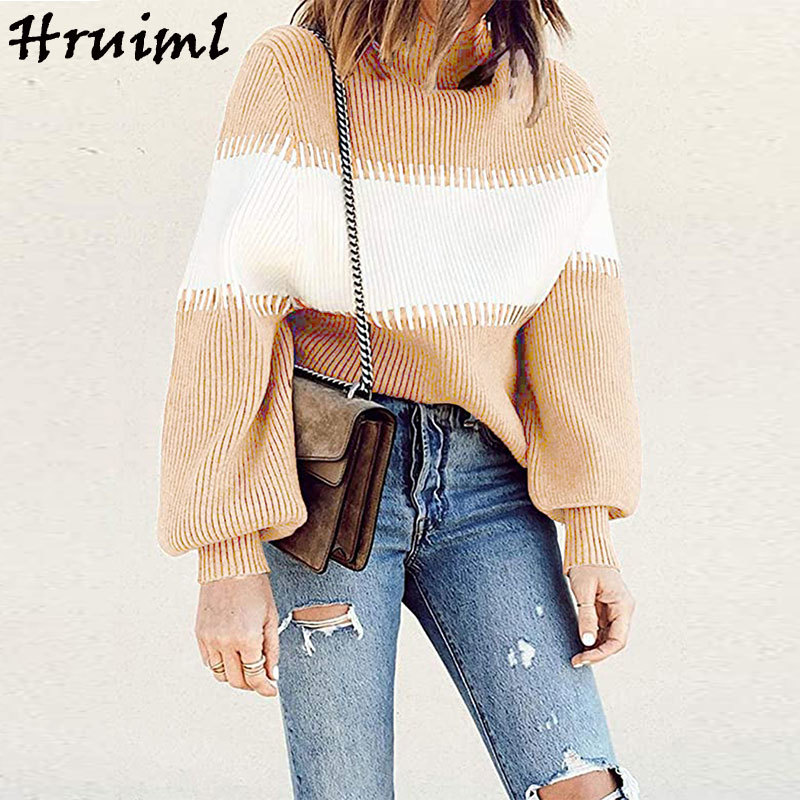 Pullovers Sweater Women Color Matching Turtleneck Long Sleeve Loose Knitted Sweaters Autumn Winter Clothes Casual Ropa Mujer 210513