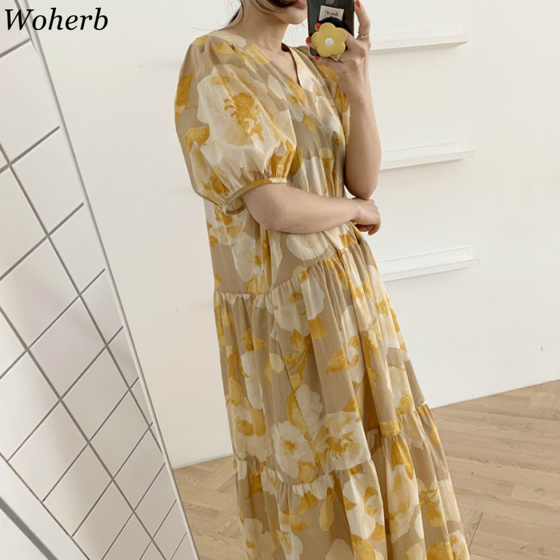 Vintage Woman Dress V Neck Women Summer Maxi Dresses Holiday Beach Korean Robe Female Flower Chiffon Vestidos Mujer 210519