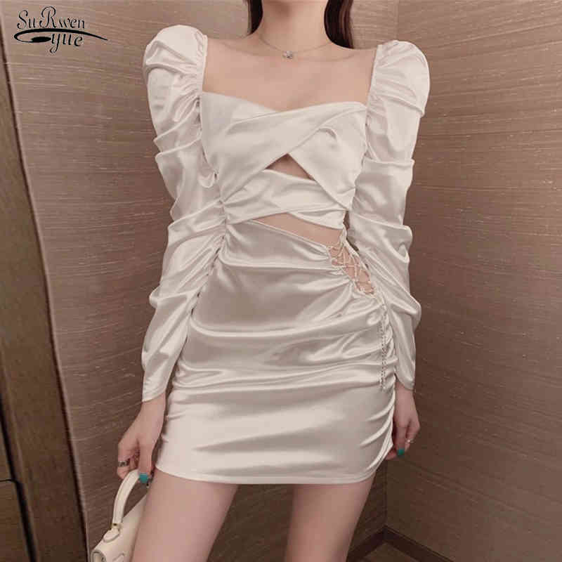 Puff Sleeve Pleated Solid Dress Women Satin Wrap Sexy Female Drill Chain Hollow Out Partynight White es Vestido 13001 210508