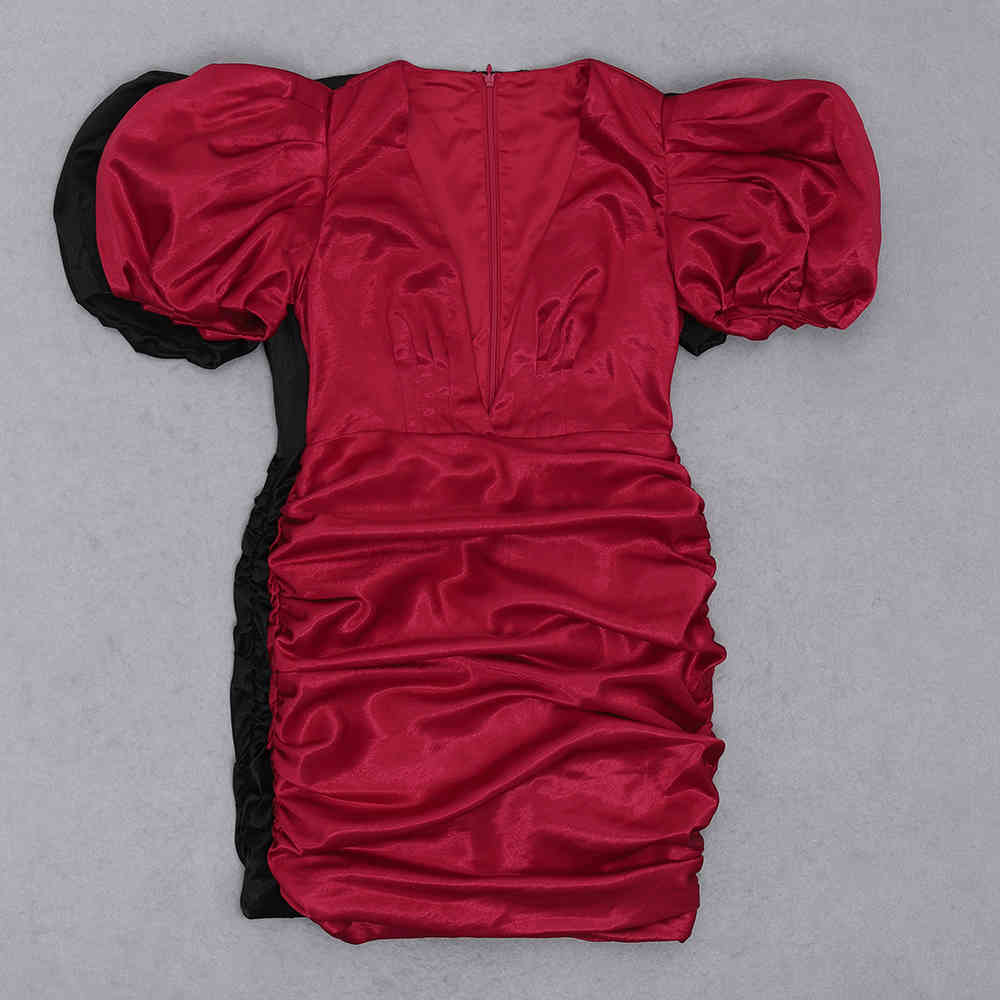 Fashion Burgundy Black Hanging Short Puff Sleeve V-neck Sexy Mini Skinny Dress Women Party Vestido 210525