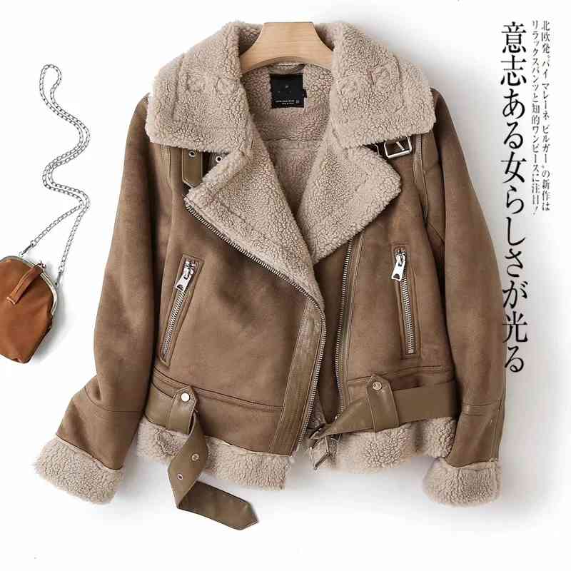 LY Winter Loose Faux Leather Motor Outwear Vintage Coat Sashes Casual Warm Tops Women Suede Lambswool Biker Jackets 210526