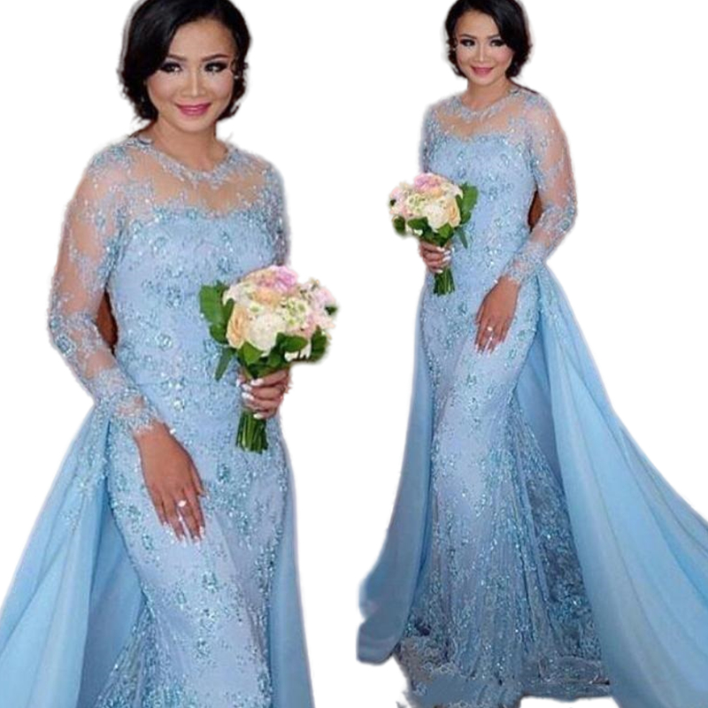 2022 Luxury Long Sleeve Lace Evening Dresses With Detachable Skirt Beads Mermaid Style Women Lace Formal Party Gowns Prom Engagement Dress