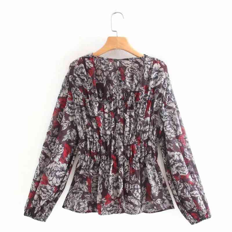 Vintage Women Flower Printed Chiffon Pleated Shirts Female Smock Long Sleeve Blouses Casual Lady Loose Tops Blusas S8226 210430