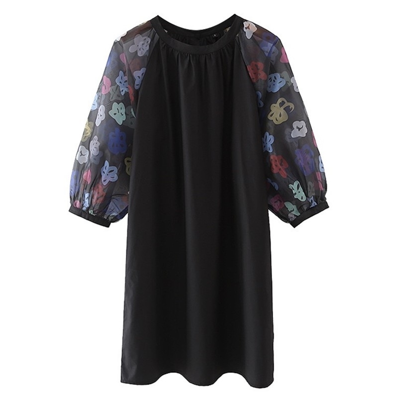 Retro Black Contrast Flower Print Lantern Sleeve Dress Woman Vintage Round Collar Loose Straight Pullover Dresses Holiday 210429