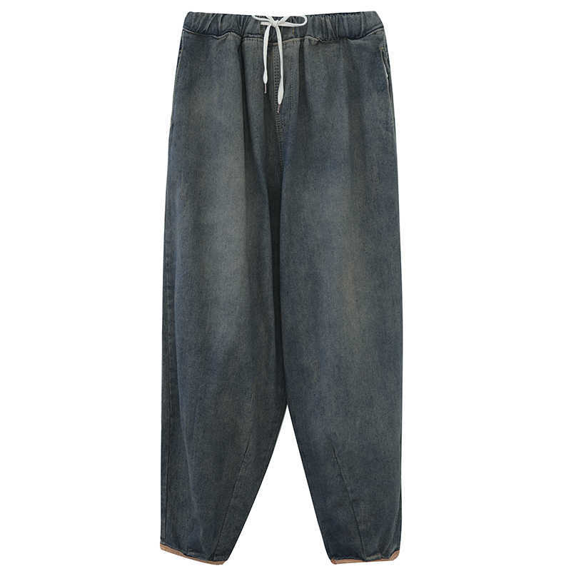 7076 Women Fashion Spring Summer Korean Elastic Waist Oversize Wide Leg Pant Female Casual Loose Ankle Length Jeans Streetwear 210922