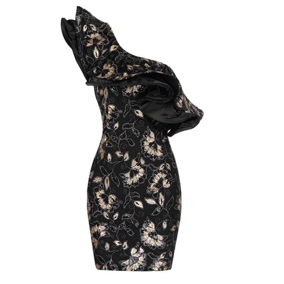 Free Women's Embroidered Sequin Dress Sexy Off Shoulder Slanted Neck Ruffle Sleeve Floral Bodycon Mini 210524