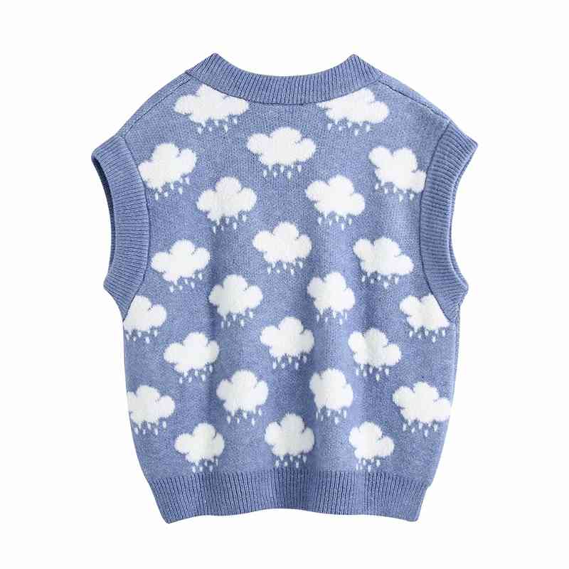 Streetwear Women Cloud Jacquard Sweaters Tank Fashion Ladies Knitted Vests Female Chic V-Neck Pullovers 210430