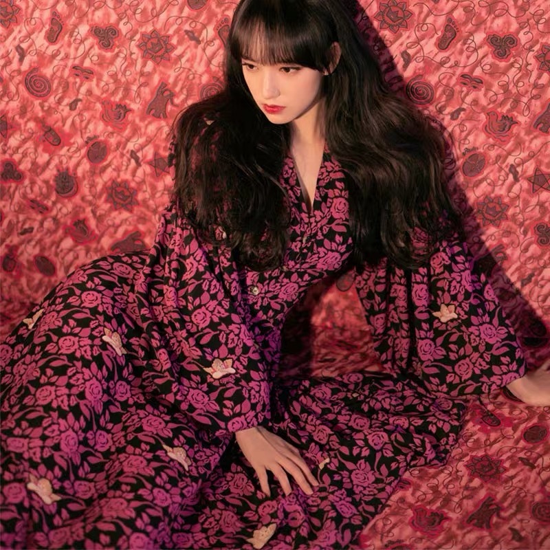 Vintage Print Dress Celebrity V-Neck Lantern Sleeve Bowknot Lace Up High Waist es Female Fashion Spring Autunm 210421