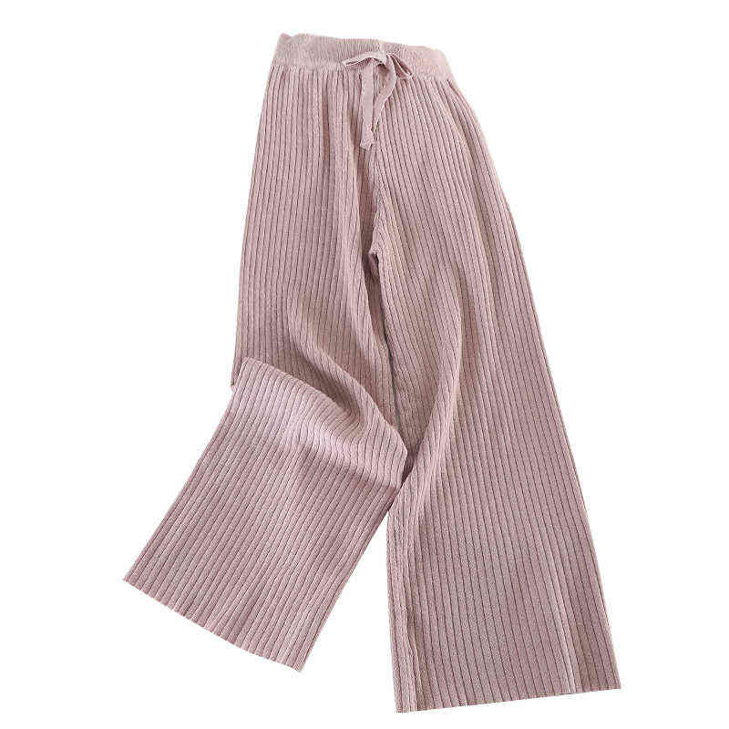 Neploe Winter Autumn Knitted Wide Leg Pants Women Korean Solid Pit Long Trousers Elastic Lace Up Plus Size Sweatpants 211115