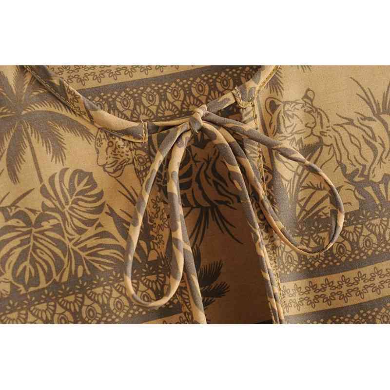 Spring Bohemia Bandage Lacing up Collar Yellow Leopard Floral Print Dress BOHO Woman Long Sleeve Holiday Dresses Beach 210429