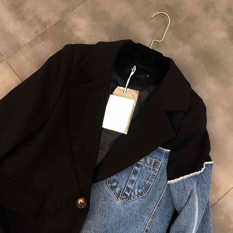 Free Women Vintage Fashion Blazer Denim Patchwork Jackets Irregular Coat Long Sleeve Loose Korean Outerwear 210524
