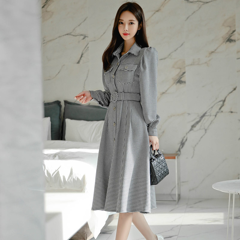 Winter Elegant Single-Breasted Houndstooth Dress Turn Down Collar Long Sleeve Slim With Belt Midi Vestidos 210520