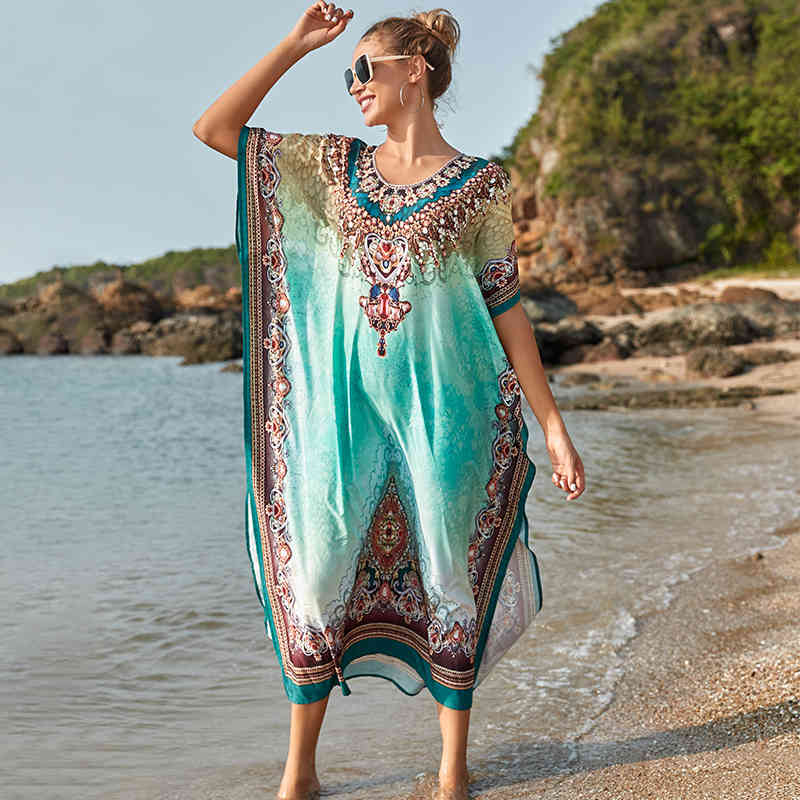Plus Size Bikini Cover-ups Quick-drying Fabric Green Boho Printed Side Split Beach Wear Dress For Women Swim Suit Cover Up Q1172 210420