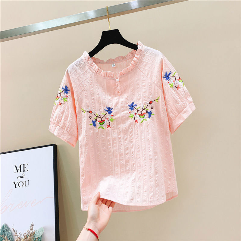 Spring Summer Korea Fashion Women Shirt Plus Size Long Sleeve Floral Embroidery Blouse Loose Casual Cotton Ladies Tops D121 210512